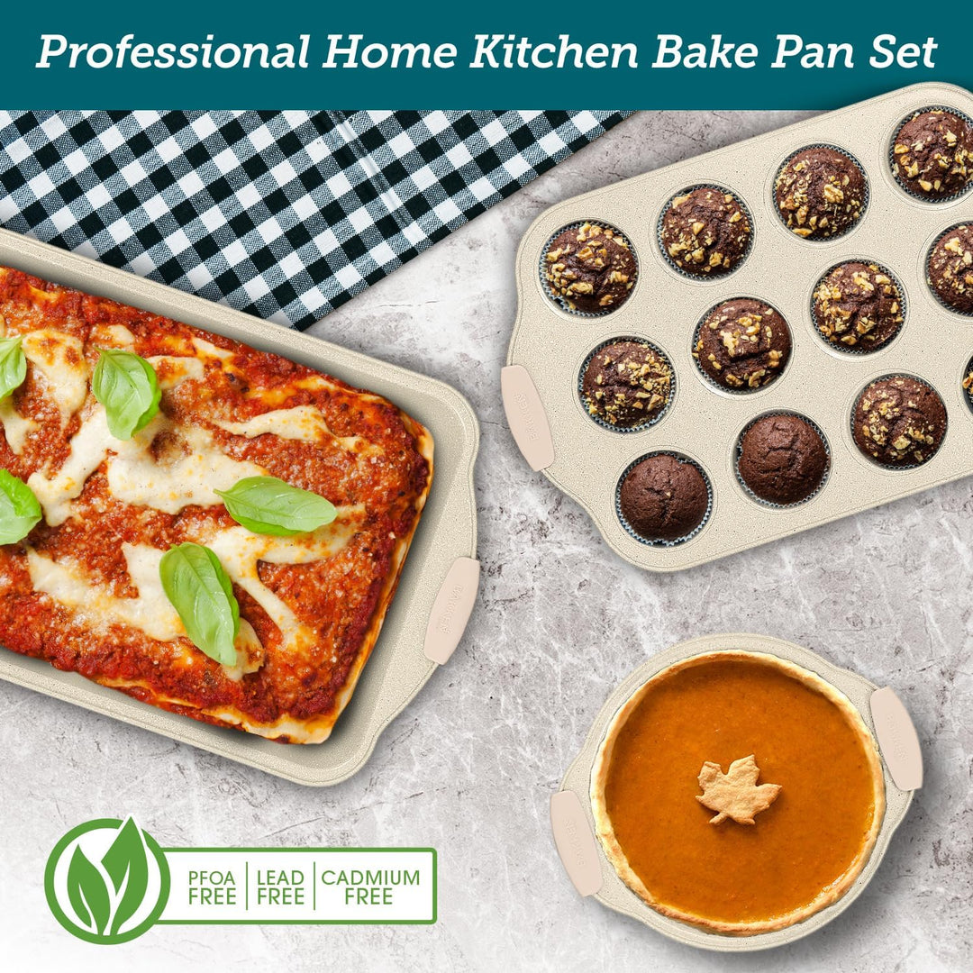 6-Piece Deluxe Nonstick Baking Pan Set - Professional Grade Carbon Steel Bakeware with White Marble Coating & Silicone Handles