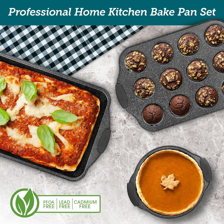 6-Piece Nonstick Gray Marble Coated Bakeware Set - Professional Quality Carbon Steel Pans with Silicone Handles - Ideal for Oven, Refrigerator, Freezer - Dishwasher Safe