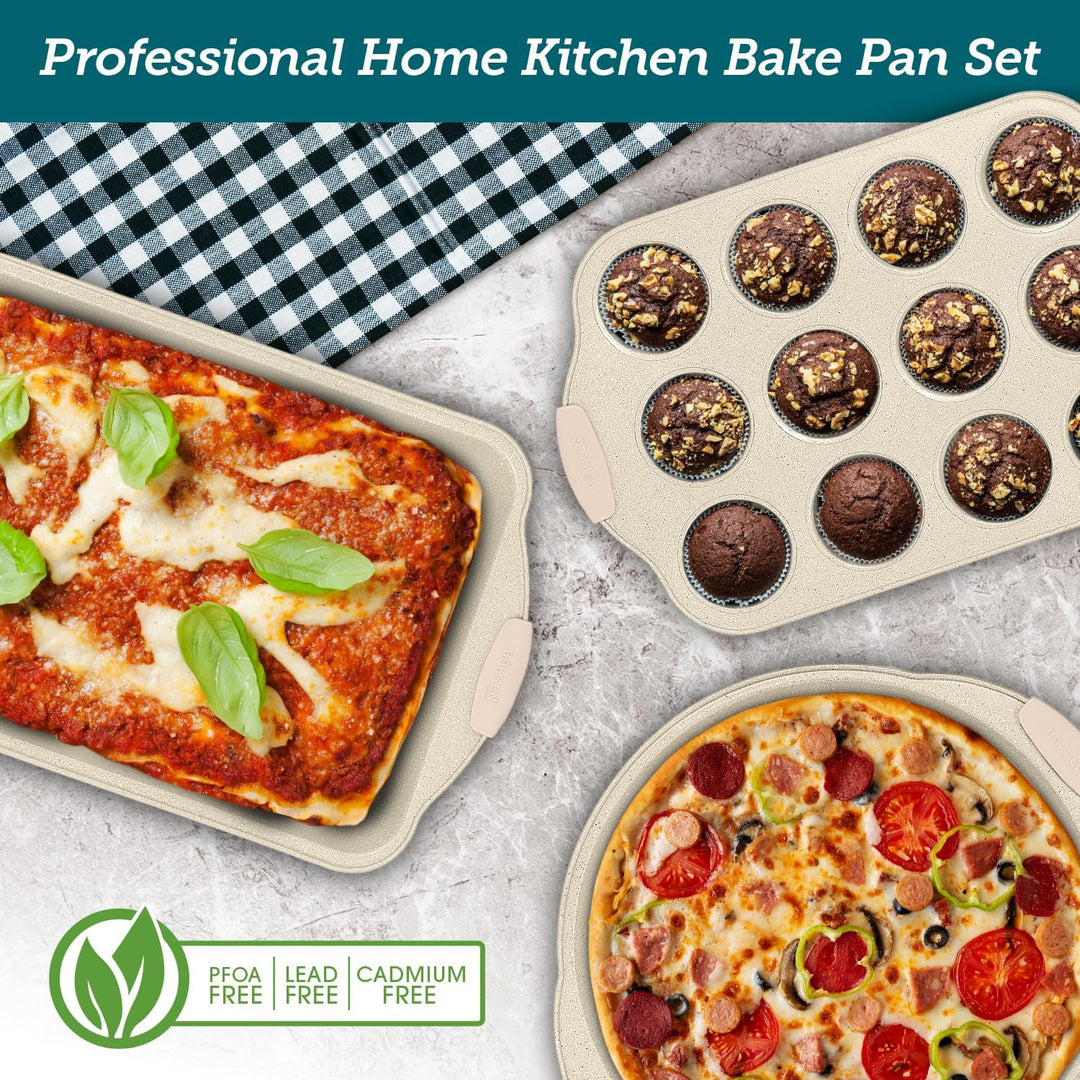 BAKKENMASTE 18-Piece Deluxe Nonstick Carbon Steel Bakeware Set - Professional Kitchen Oven Baking Pans with White Silicone Handles and Accessories