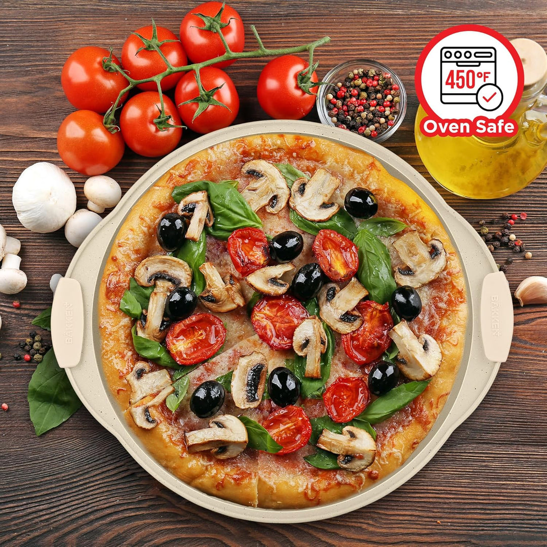 Bakken Pizza Baking Pan - Round Perforated Carbon Steel Pan with Non-Stick Marble Coating, Oversized Silicone Handle, Dishwasher Safe, High-Temperature Resistant, Durable, and Easy Cleanup White