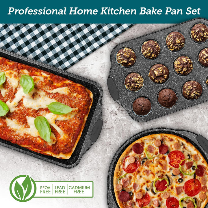 BAKKEN Kitchen Oven Baking Pans - Nonstick Gray Coating, Carbon Steel Bakeware Set with White Silicone Handles, Commercial Restaurant Quality Pans, PFOA, PFOS, PTFE Free, Oven Safe (450° F), Set of 10