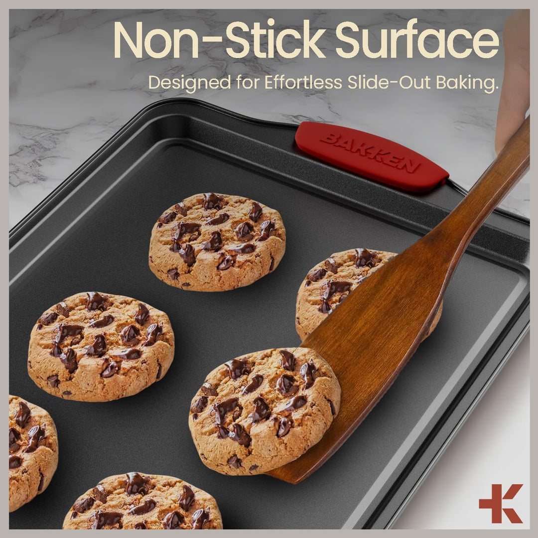 BAKKEN Kitchen Baking Pans - 15.15 x 10.03" Medium Nonstick Sheet, Durable Carbon Steel Cookie Sheet with Gray Silicone Handles, PFOA, PFOS, PTFE Free, Oven Safe Tray (Up To 450°F), Set of 1