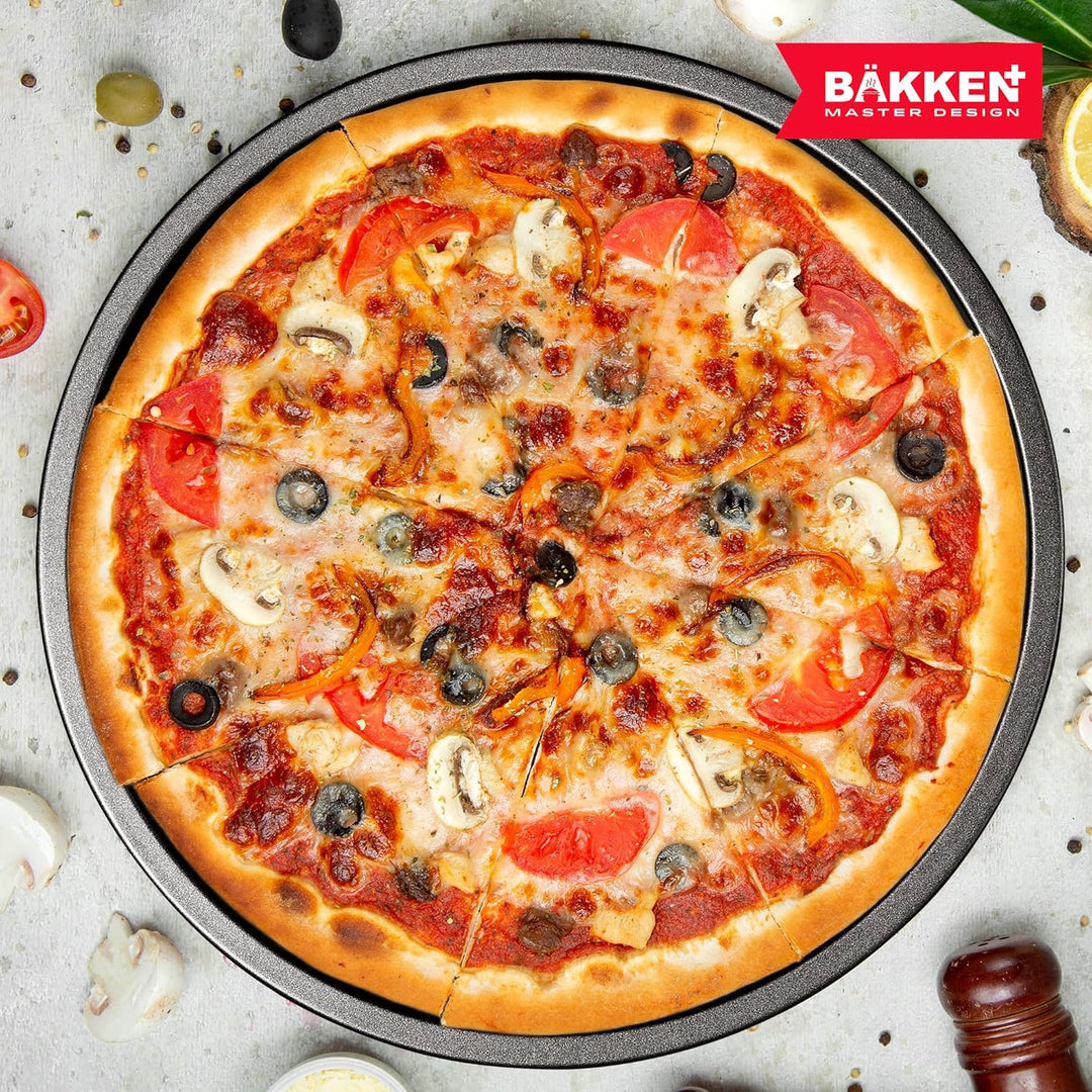 BAKKENMASTER Bakken Swiss Pizza Tray Set 3-Piece – Gray Coating, Non-Stick, Round Steel Pizza Pans - Dishwasher Safe, Premium Bakeware for Home Cooking
