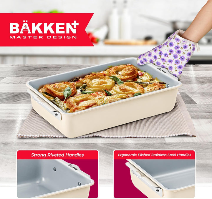 Bakken 8-Piece Stackable Bakeware Set - Ceramic Non-Stick Coating, Baking Sheets, Assorted Baking Pans, PTFE, PFOA & PFOS Free - Healthy Baking, Ergonomic Handles, Cooling Rack, Non-Toxic, Oven-Safe