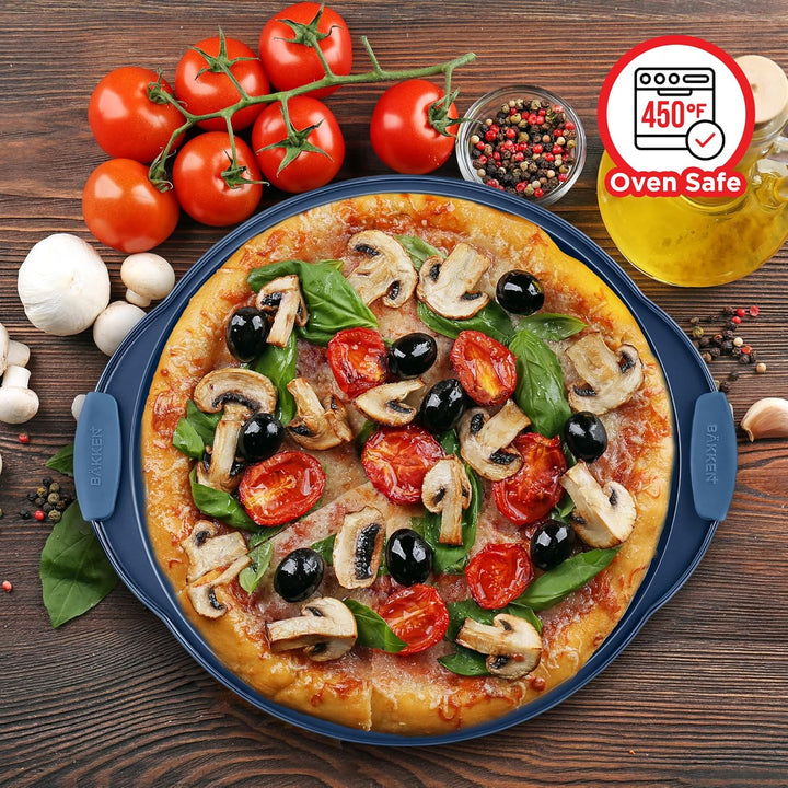 Bakken Pizza Baking Pan - Round Perforated Carbon Steel Pan with Non-Stick Marble Coating, Oversized Silicone Handle, Dishwasher Safe, High-Temperature Resistant, Durable & Easy Cleanup Blue, 2 Pack