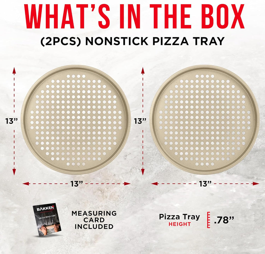 Bakken Pizza Baking Pan - Round Perforated Carbon Steel Pan with Non-Stick Marble Coating, Oversized Silicone Handle, Dishwasher Safe, High-Temperature Resistant, Durable & Easy Cleanup White, 2 Pack