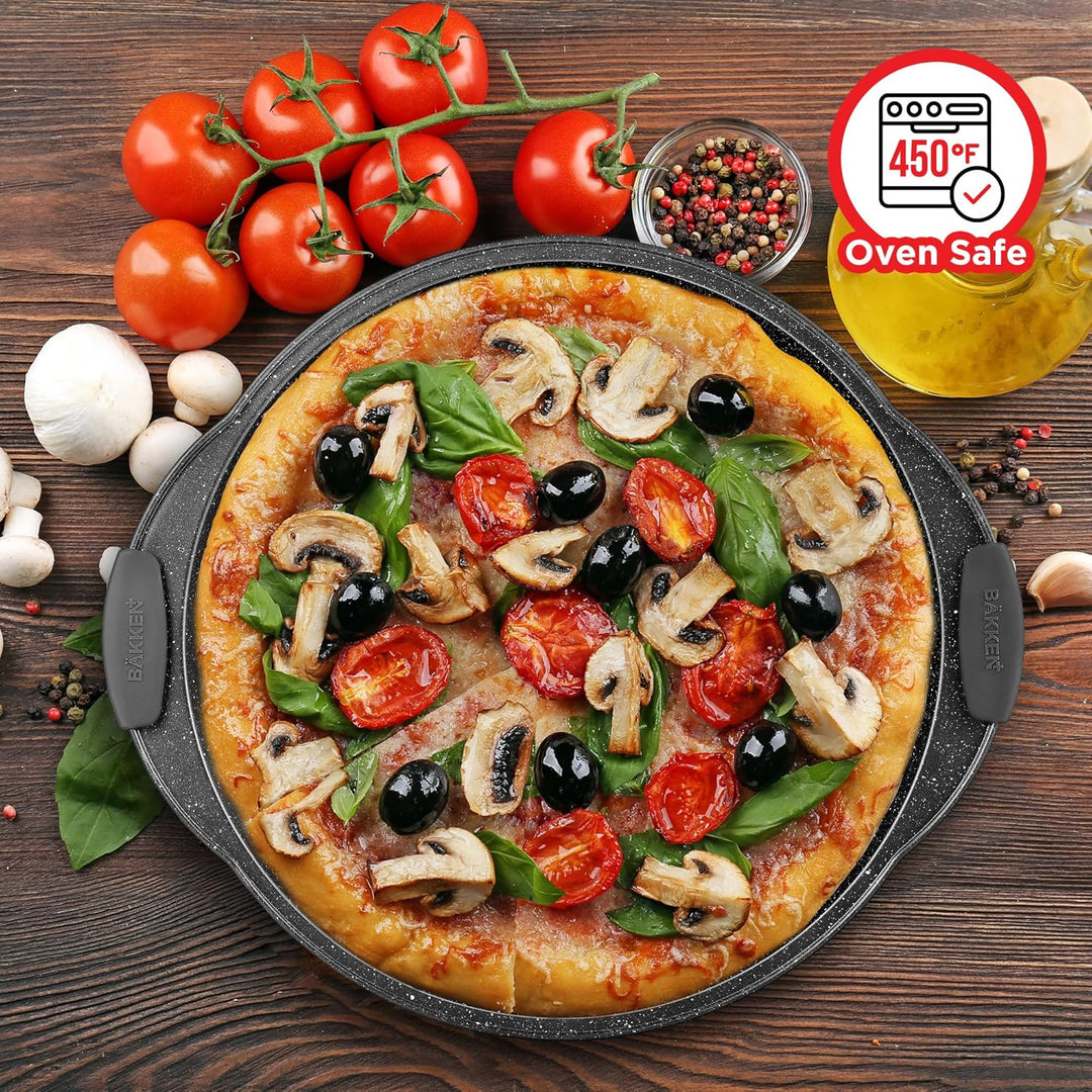 Bakken Pizza Baking Pan - Round Perforated Carbon Steel Pan with Non-Stick Marble Coating, Oversized Silicone Handle, Dishwasher Safe, High-Temperature Resistant, Durable & Easy Cleanup Gray, 2 Pack