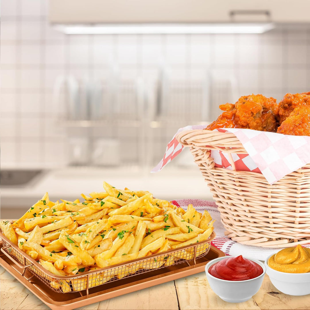 Bakken Swiss Air Fryer Tray,2in1 Nonstick Copper Crisper Air Fry Basket w/Elevated Mesh Great For Oven, For Baking & Crispy Foods, Dishwasher Safe,PTFE/PFOA/PFOS FREE Extra-large 9.5"x13",Copper
