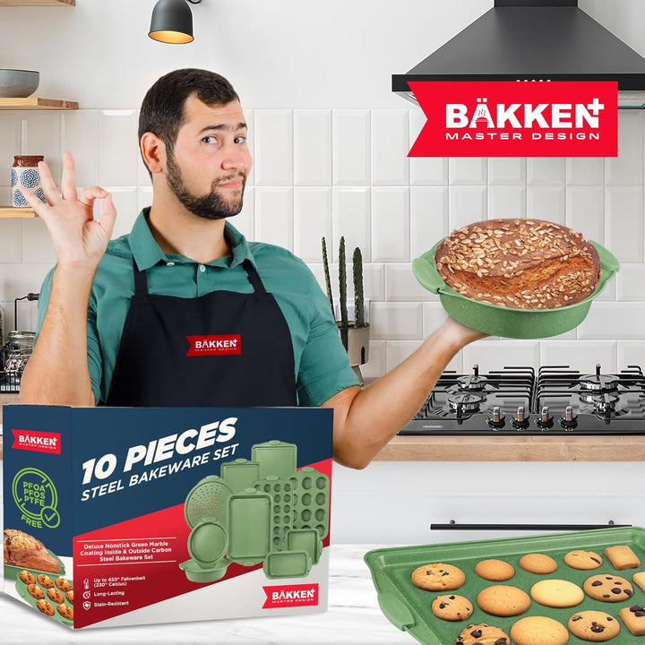 BAKKEN Kitchen Baking Pan Set - Nonstick Green Marble Coating, Carbon Steel Bakeware Sets with Green Silicone Handles, Kitchen Essentials, PFOA, PFOS, PTFE Free, Oven Safe (Up To 450° F), Set of 10