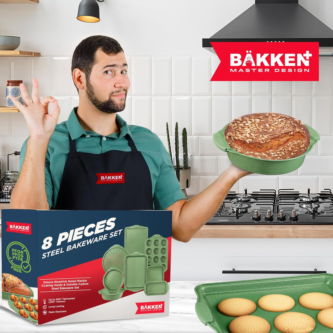 BAKKEN Kitchen Baking Pan Set - Nonstick Green Marble Coating, Carbon Steel Bakeware Sets with Green Silicone Handles, Kitchen Essentials, PFOA, PFOS, PTFE Free, Oven Safe (Up To 450° F), Set of 8