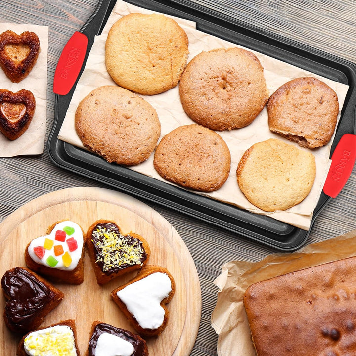 Nonstick Cookie Sheet Pan Carbon Steel Oven Tray Sheet Pan with Red Silicone Handles -large Bakeware Pan Tray with Gray Coating Inside & Outside