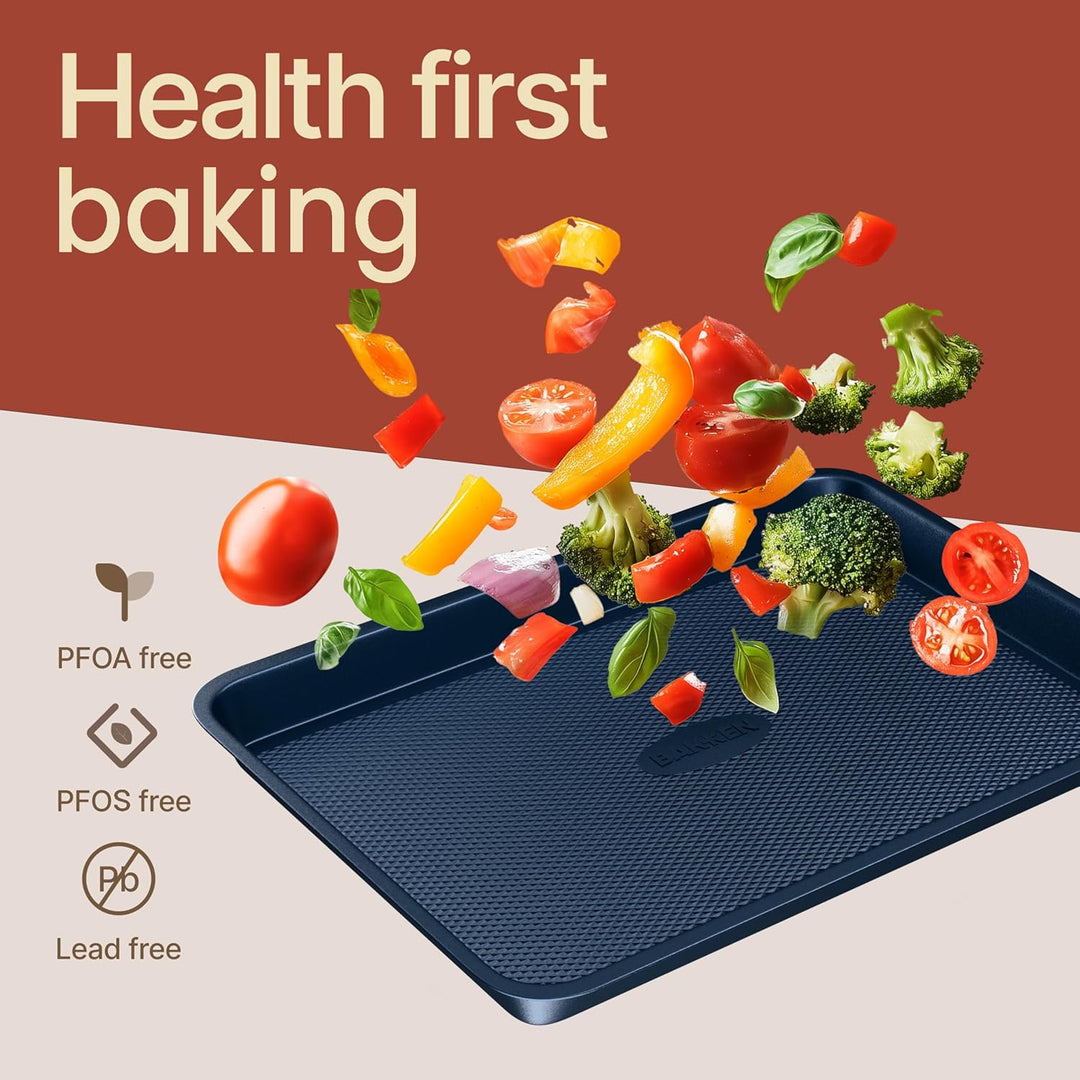 Diamond Bottom Cookie Sheet Set of 2, Nonstick Blue Carbon Steel Baking Pans for Crisp Baking, Space-Saving Stackable Trays, PFOA, PFOS, PTFE Free, Oven Safe Up to 450°F, Small & Medium Pans