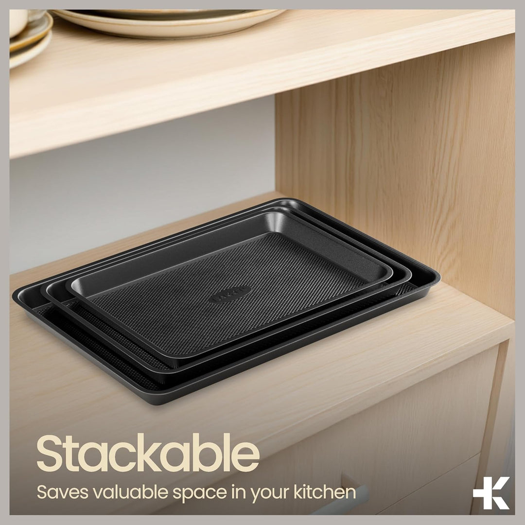 Diamond Bottom Cookie Sheet Set of 2, Nonstick Gray Carbon Steel Baking Pans for Crisp Baking, Space-Saving Stackable Trays, PFOA, PFOS, PTFE Free, Oven Safe Up to 450°F, Small & Medium Pans