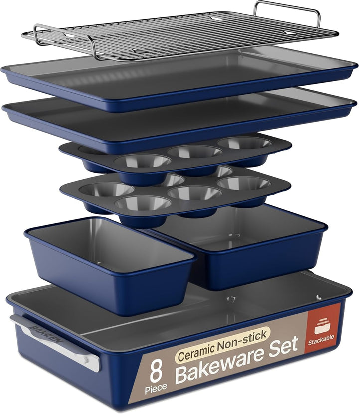 Bakken 8-Piece Ceramic Coated Bakeware Sets, Nonstick Aluminized Steel Pans with Muffin, Loaf, Cake, Roasting Pan, & Cooling Rack, Blue