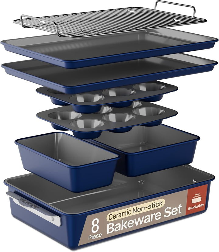 Bakken 8-Piece Ceramic Coated Bakeware Sets, Nonstick Aluminized Steel Pans with Muffin, Loaf, Cake, Roasting Pan, & Cooling Rack