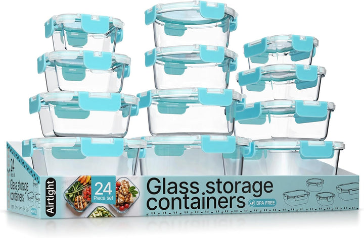 Bakken Borosilicate Glass Food Storage Containers with Lids 24 Pieces, Airtight Leak-Proof, Pink