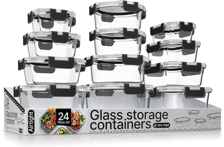 Bakken Borosilicate Glass Food Storage Containers with Lids 24 Pieces, Airtight Leak-Proof, Pink