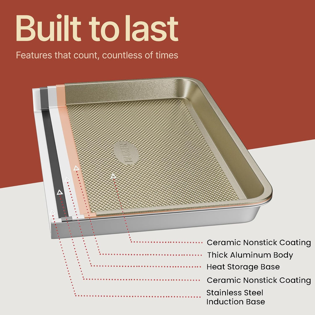 Diamond Bottom Cookie Sheet Set of 2, Nonstick Gold Carbon Steel Baking Pans for Crisp Baking, Space-Saving Stackable Trays, PFOA, PFOS, PTFE Free, Oven Safe Up to 450°F, Small & Medium Pans