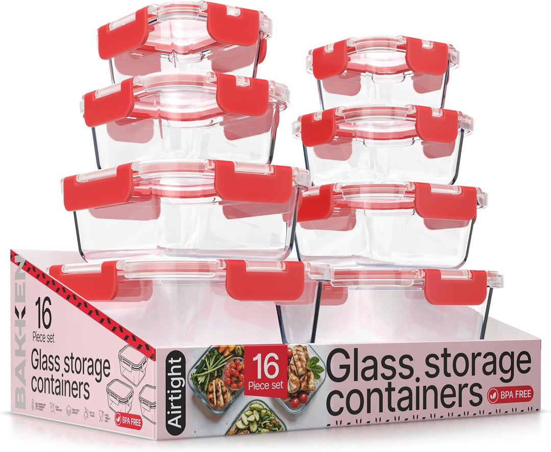 Bakken Borosilicate Glass Food Storage Containers with Lids 16 Pieces, Airtight Leak-Proof, Pink