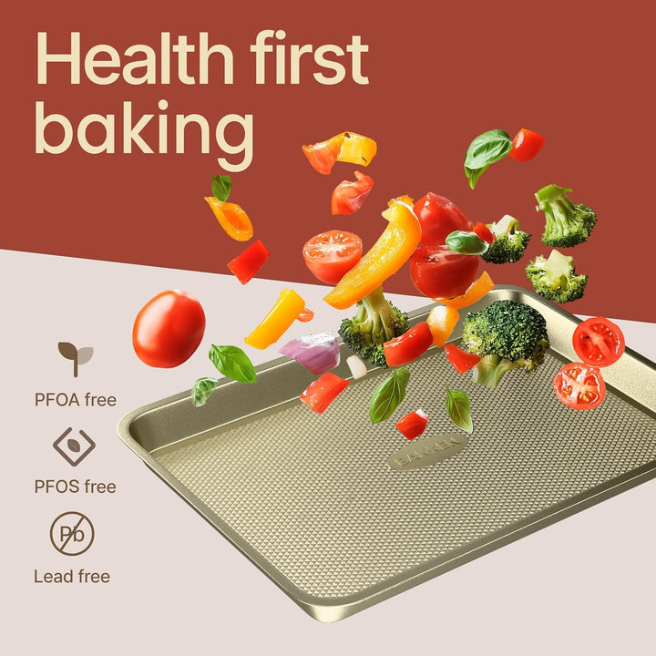 BAKKEN Kitchen Baking Pans - Nonstick White Coating, 13.58’’ × 9.65’’ Commercial Grade Carbon Steel Cookie Sheet, Diamond Texture Bottom, PFOA, PFOS, PTFE Free, Oven Safe Tray (450°F), White Marble