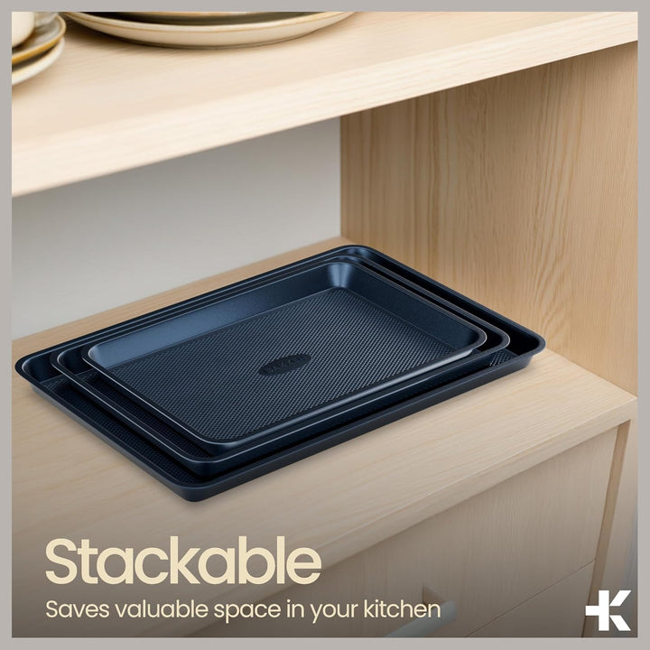 Diamond Bottom Cookie Sheet Set of 2, Nonstick Blue Carbon Steel Baking Pans for Crisp Baking, Space-Saving Stackable Trays, PFOA, PFOS, PTFE Free, Oven Safe Up to 450°F, Small & Medium Pans