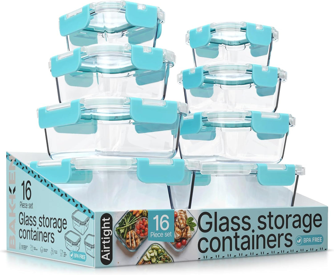 Bakken Borosilicate Glass Food Storage Containers with Lids 16 Pieces, Airtight Leak-Proof, Pink