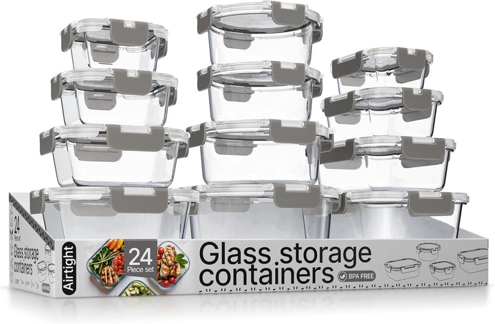 Bakken Borosilicate Glass Food Storage Containers with Lids 24 Pieces, Airtight Leak-Proof, Pink