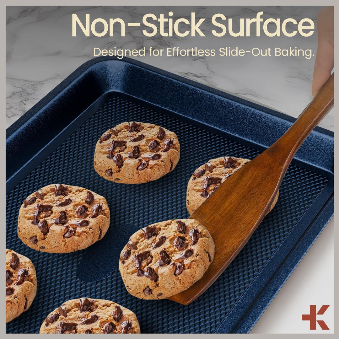 Diamond Bottom Cookie Sheet Set of 2, Nonstick Blue Carbon Steel Baking Pans for Crisp Baking, Space-Saving Stackable Trays, PFOA, PFOS, PTFE Free, Oven Safe Up to 450°F, Small & Medium Pans