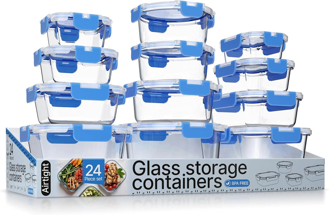 Bakken Borosilicate Glass Food Storage Containers with Lids 24 Pieces, Airtight Leak-Proof, Pink