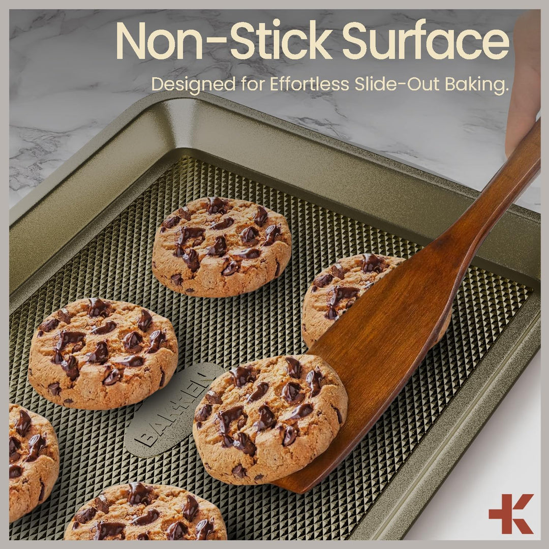 BAKKEN Kitchen Baking Pans - Nonstick White Coating, 13.58’’ × 9.65’’ Commercial Grade Carbon Steel Cookie Sheet, Diamond Texture Bottom, PFOA, PFOS, PTFE Free, Oven Safe Tray (450°F), White Marble