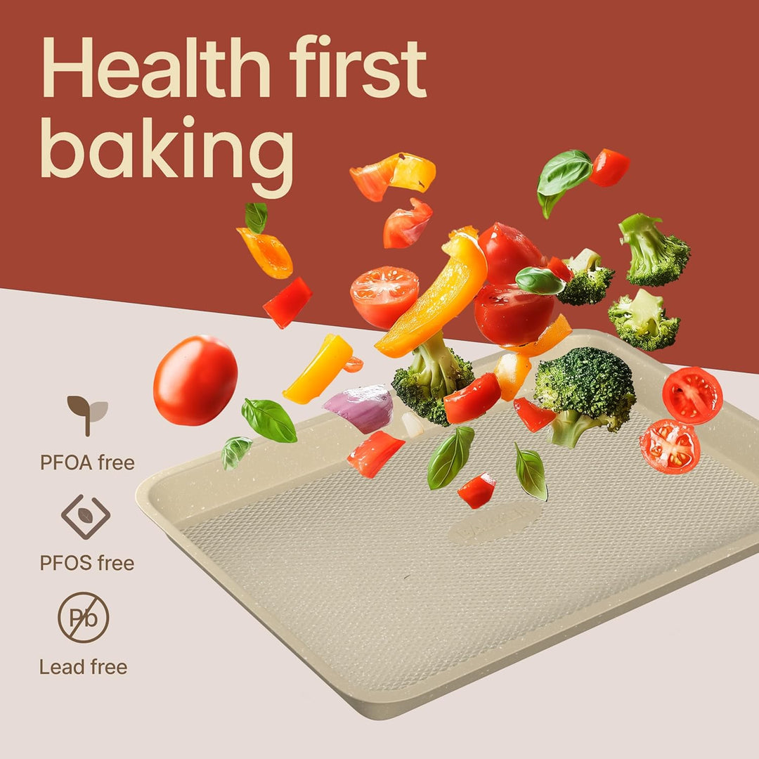 Diamond Bottom Cookie Sheet Set of 2, Nonstick White Marble Carbon Steel Baking Pans for Crisp Baking, Space-Saving Stackable Trays, PFOA, PFOS, PTFE Free, Oven Safe Up to 450°F, Small & Medium Pans