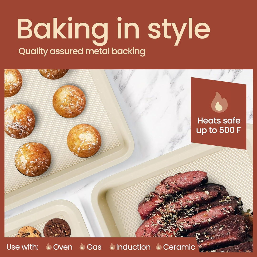Diamond Bottom Cookie Sheet Set of 2, Nonstick White Marble Carbon Steel Baking Pans for Crisp Baking, Space-Saving Stackable Trays, PFOA, PFOS, PTFE Free, Oven Safe Up to 450°F, Small & Medium Pans