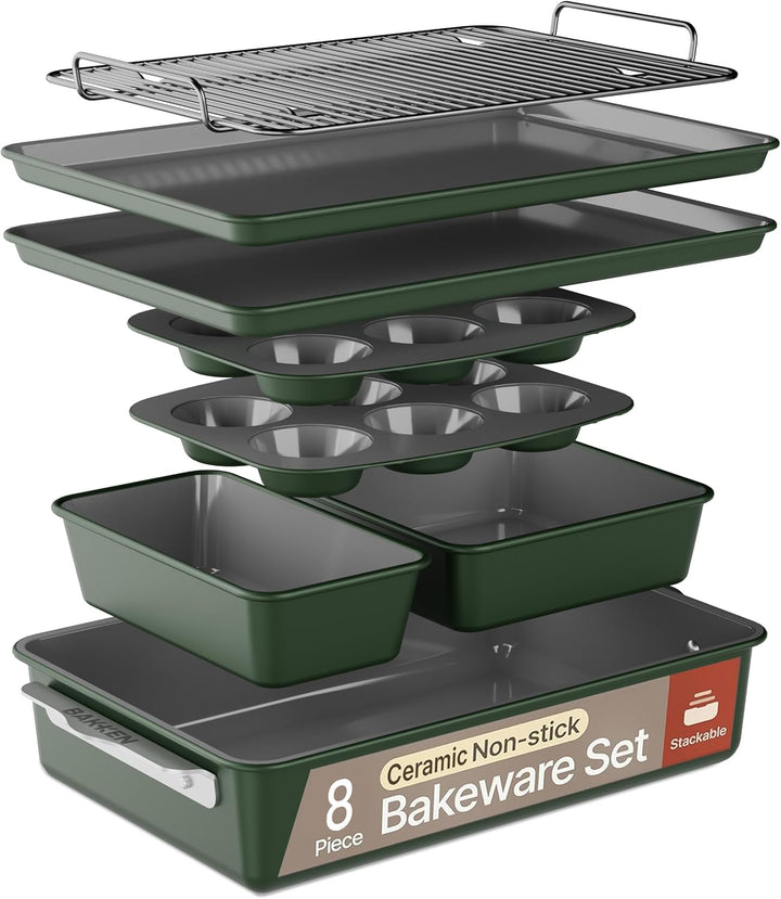 Bakken 8-Piece Ceramic Coated Bakeware Sets, Nonstick Aluminized Steel Pans with Muffin, Loaf, Cake, Roasting Pan, & Cooling Rack, Green