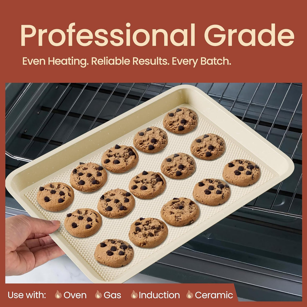 Diamond Bottom Cookie Sheet Set of 2, Nonstick White Marble Carbon Steel Baking Pans for Crisp Baking, Space-Saving Stackable Trays, PFOA, PFOS, PTFE Free, Oven Safe Up to 450°F, Small & Medium Pans