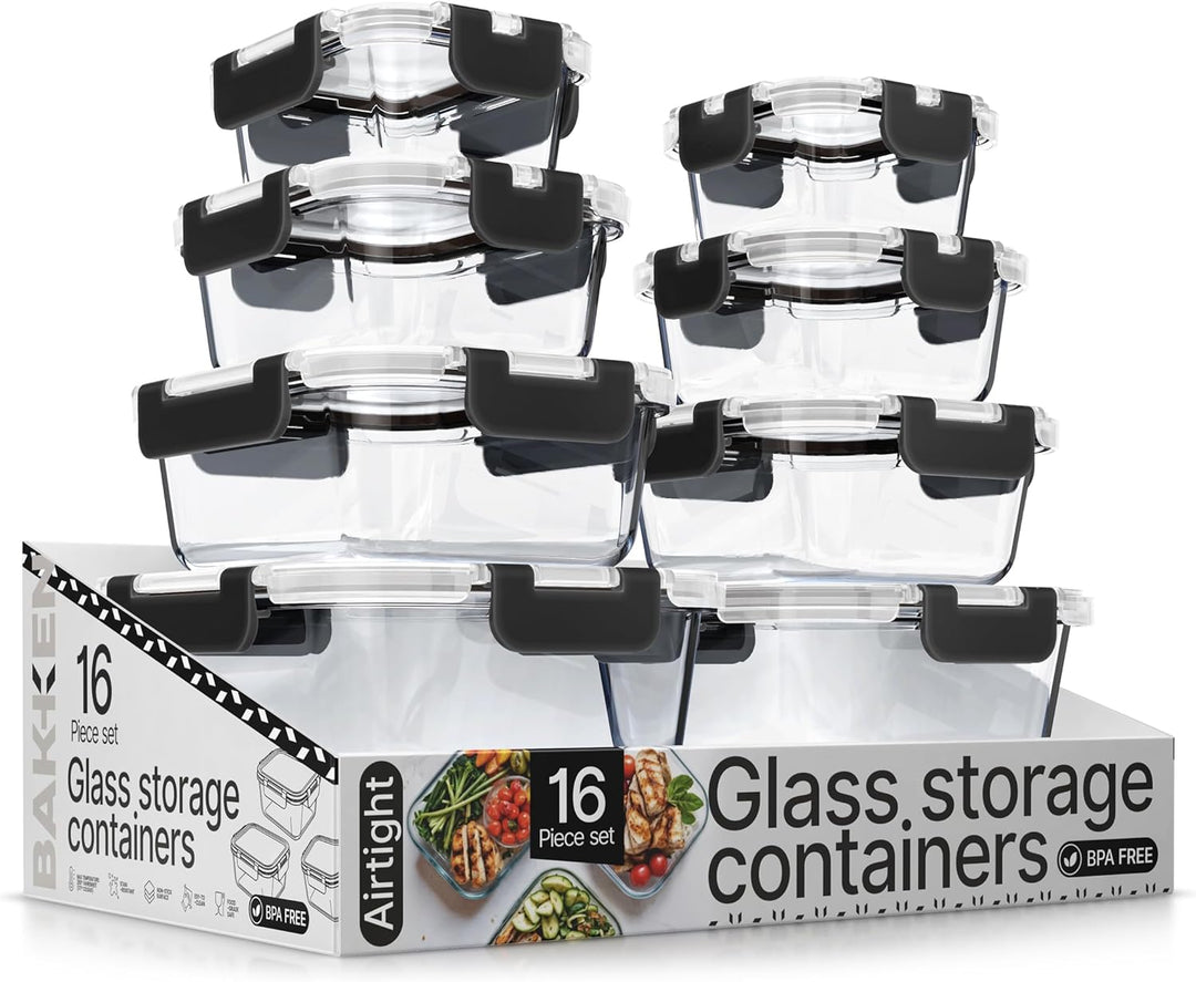 Bakken Borosilicate Glass Food Storage Containers with Lids 16 Pieces, Airtight Leak-Proof, Pink