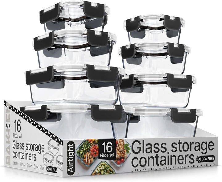 Bakken Borosilicate Glass Food Storage Containers with Lids 16 Pieces, Airtight Leak-Proof, Pink
