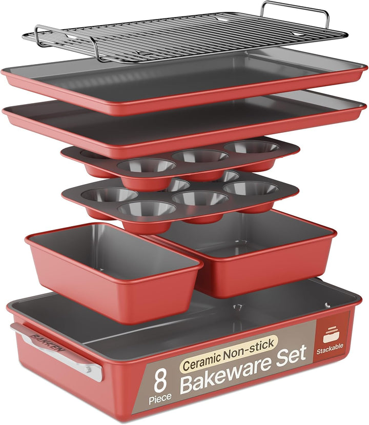 Bakken 8-Piece Ceramic Coated Bakeware Sets, Nonstick Aluminized Steel Pans with Muffin, Loaf, Cake, Roasting Pan, & Cooling Rack