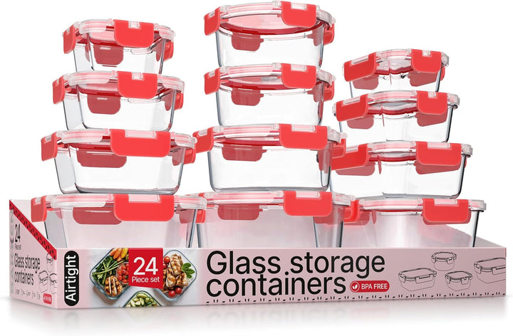 Bakken Borosilicate Glass Food Storage Containers with Lids 24 Pieces, Airtight Leak-Proof, Pink