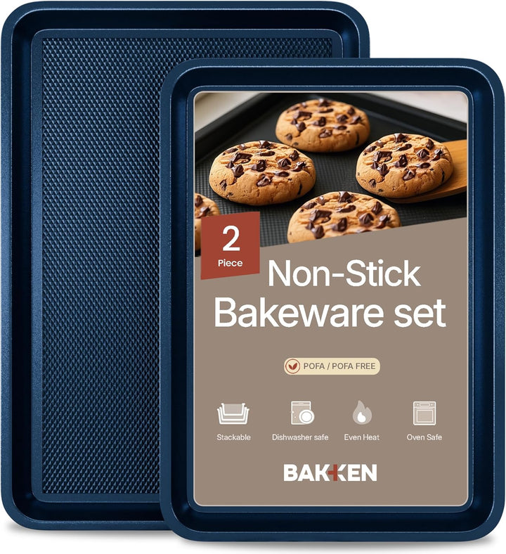 Diamond Bottom Cookie Sheet Set of 2, Nonstick Blue Carbon Steel Baking Pans for Crisp Baking, Space-Saving Stackable Trays, PFOA, PFOS, PTFE Free, Oven Safe Up to 450°F, Small & Medium Pans