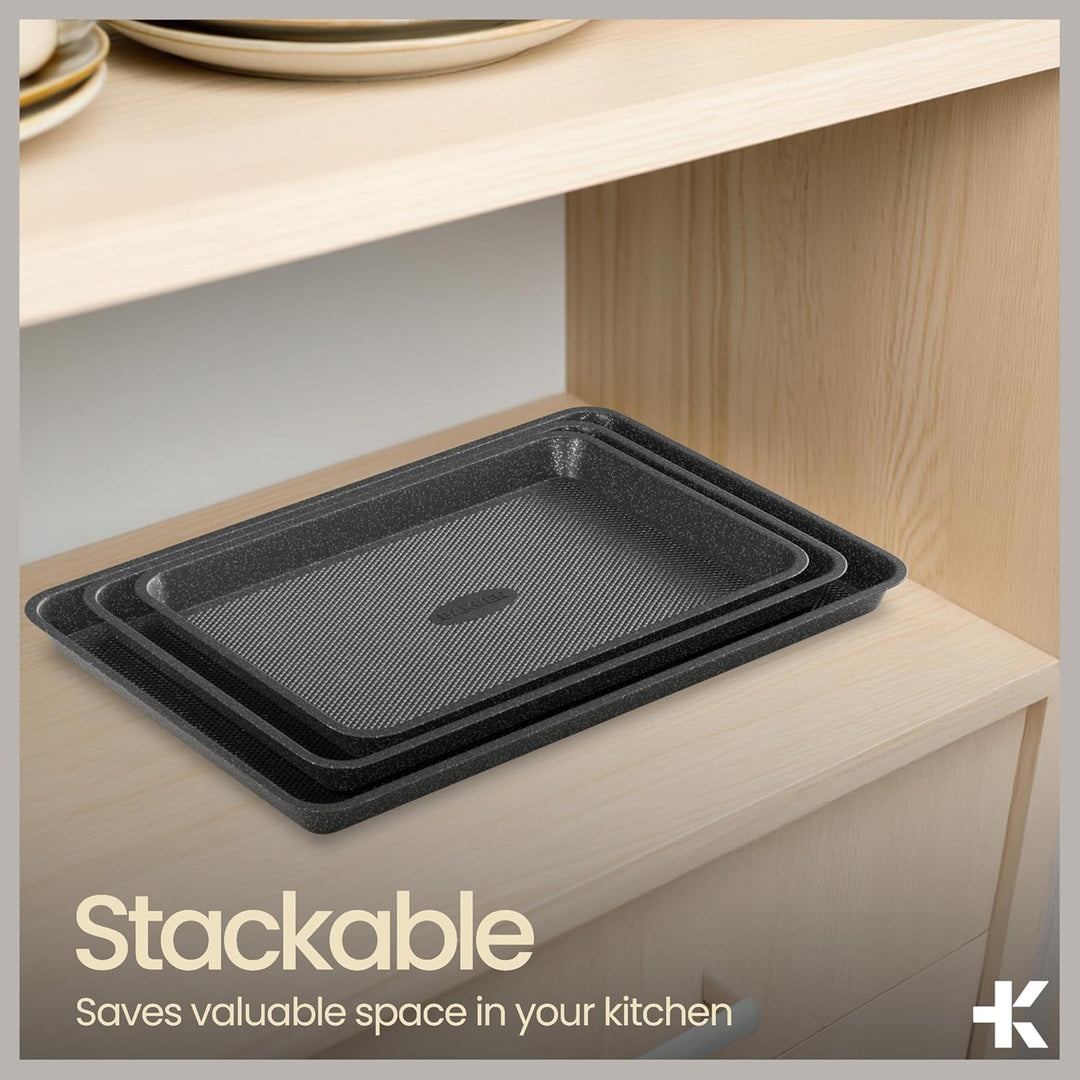 Diamond Bottom Cookie Sheet Set of 2, Nonstick Gray Marble Carbon Steel Baking Pans for Crisp Baking, Space-Saving Stackable Trays, PFOA, PFOS, PTFE Free, Oven Safe Up to 450°F, Small & Medium Pans