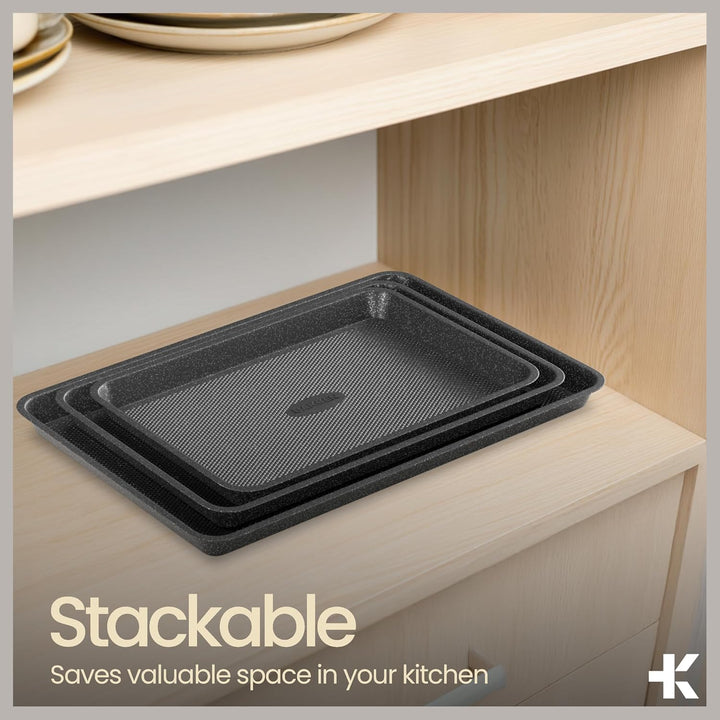 Diamond Bottom Cookie Sheet Set of 2, Nonstick Gray Marble Carbon Steel Baking Pans for Crisp Baking, Space-Saving Stackable Trays, PFOA, PFOS, PTFE Free, Oven Safe Up to 450°F, Small & Medium Pans