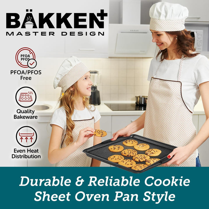 BAKKEN 8-Piece Kitchen Oven Baking Pans Set - Deluxe Nonstick Gray Marble Coating, Professional Grade Carbon Steel Bakeware with Silicone Handles - Oven, Dishwasher, and Freezer Safe