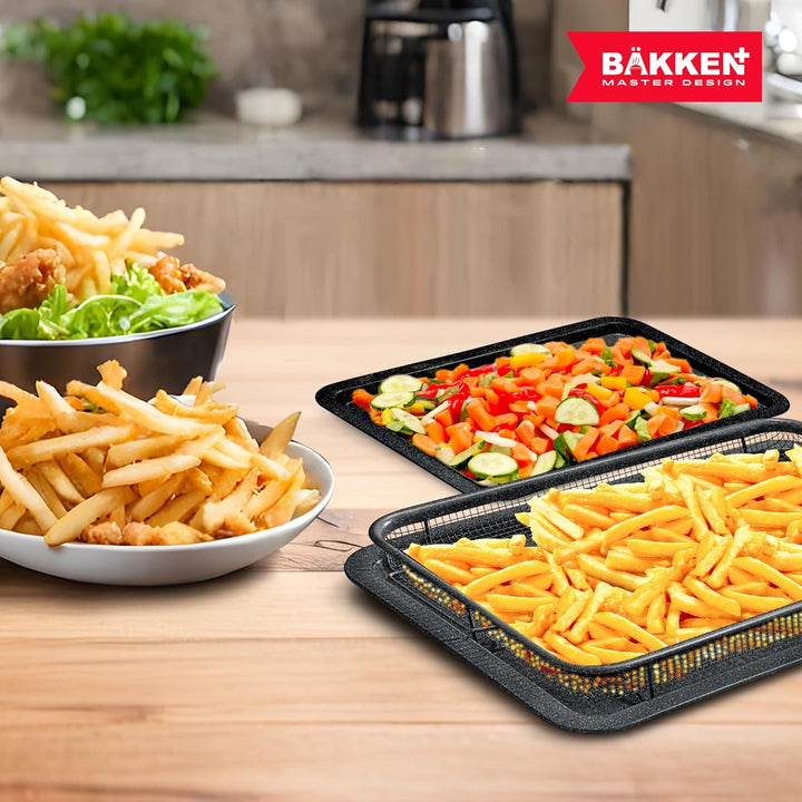 Bakken- Swiss Crisper Tray Gray marble Coating - 2-Piece Set , Non-Stick Basket Design for Healthier Cooking in Regular Ovens - Make Great Crispy Food , Bacon and More, Extra Large Size 19" x 13"