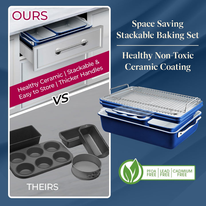 Premium Sheet Pan Set - Blue, Teal, Marble, Golden, Cream - Aluminized Steel with Ceramic Non-Stick Coating, PFOA & PFAS Free - Non-Toxic, Heavy-Duty Bakeware for Cake, Bread