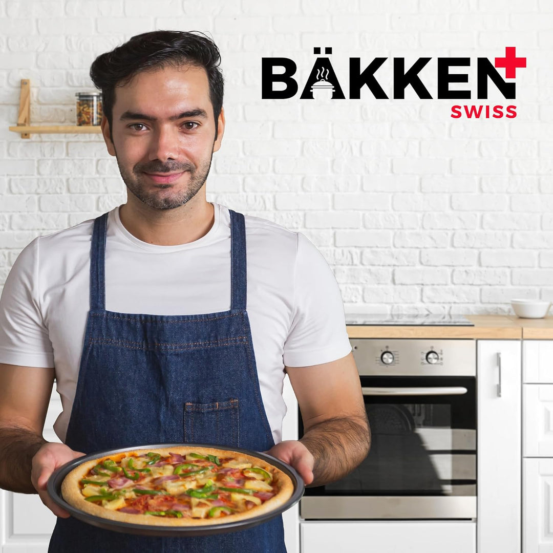 Bakken- Swiss Non-Stick Pizza Pan with Holes - 13-Inch Perforated Pizza Crisper Carbon Steel Pizza Pan - 2 Round Pizza Trays - PFOA PFOS and PTFE Free ,Pack of 2