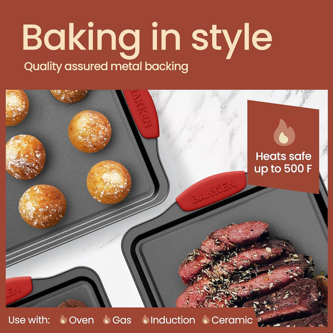 BAKKEN Kitchen Baking Pans - 15.15 x 10.03" Medium Nonstick Sheet, Durable Carbon Steel Cookie Sheet with Gray Silicone Handles, PFOA, PFOS, PTFE Free, Oven Safe Tray (Up To 450°F), Set of 1