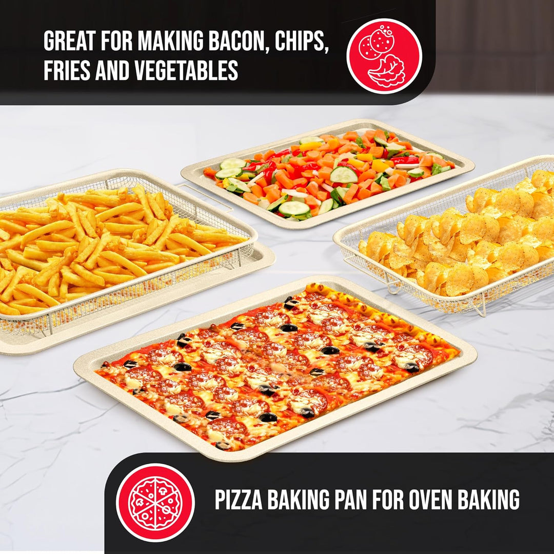 Bakken Swiss Crisper Tray - 2-Piece Set – White Marble, Non-Stick Basket Design for Healthier Cooking in Regular Ovens - Achieve Perfectly Crispy Chips, Bacon and More