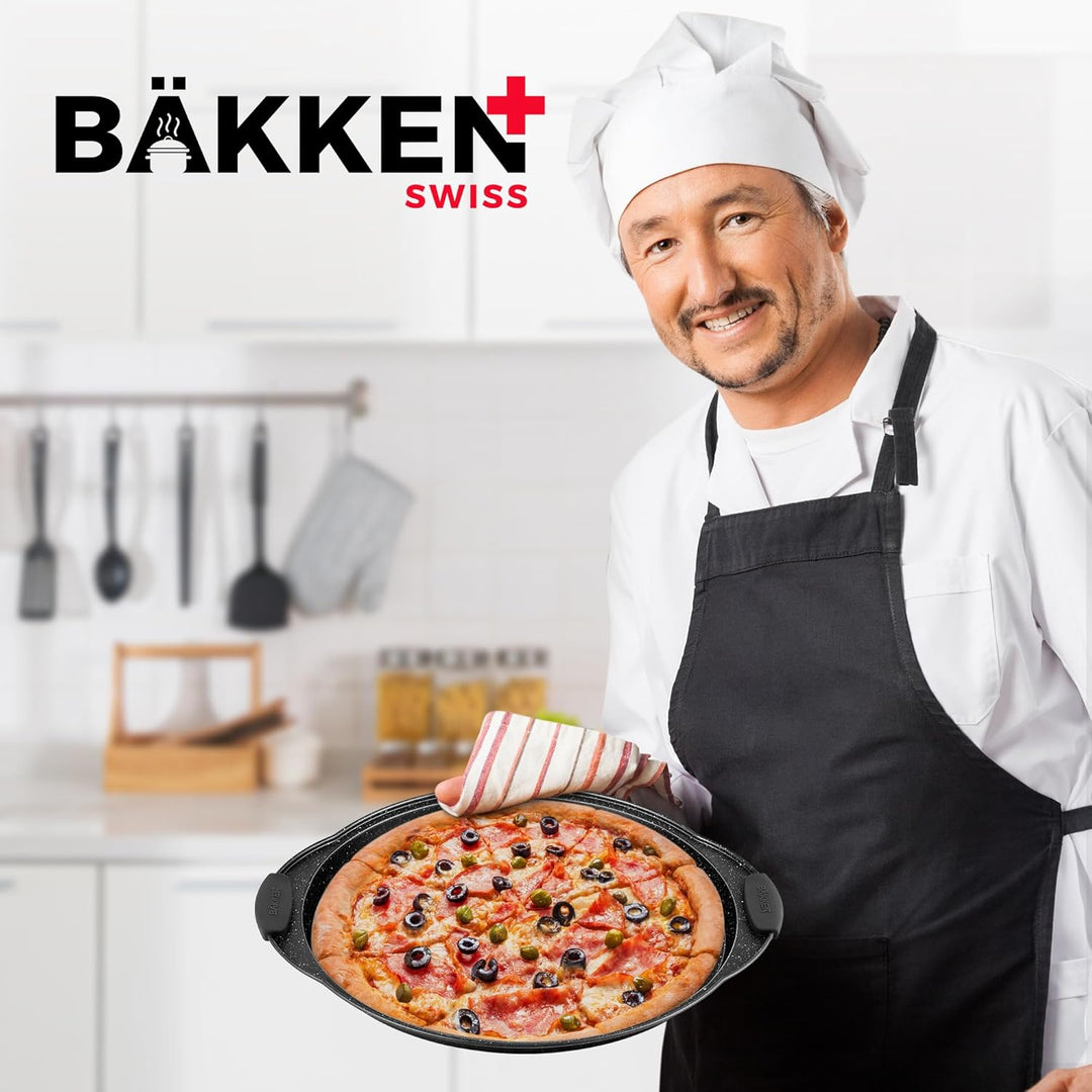 Bakken Pizza Baking Pan - Round Perforated Carbon Steel Pan with Non-Stick Marble Coating, Oversized Silicone Handle, Dishwasher Safe, High-Temperature Resistant, Durable & Easy Cleanup Gray