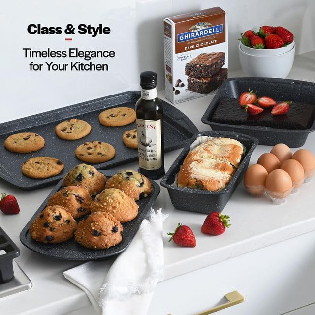 Bakken Swiss - Bakeware Set – 6 Piece – Stackable, Deluxe, Non-Stick Baking Pans for Professional and Home Cooking – Carbon Steel, Gray Stone Coating