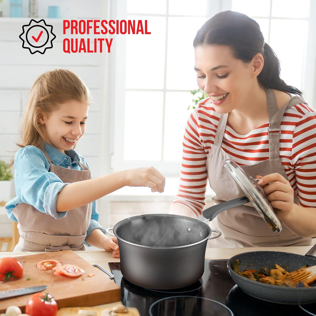 Pots and Pans Set – 14 Piece – Non-Stick Professional Home Kitchenware – Cooking Pots with Lids – Skillet Fry Pans – Suitable for Gas, Electric, Ceramic and Induction Counter Cooktops - Black